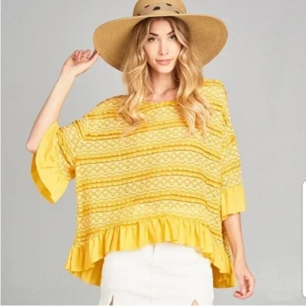 Umgee Yellow Crochet-Lace Boho Top with High-Low Hem